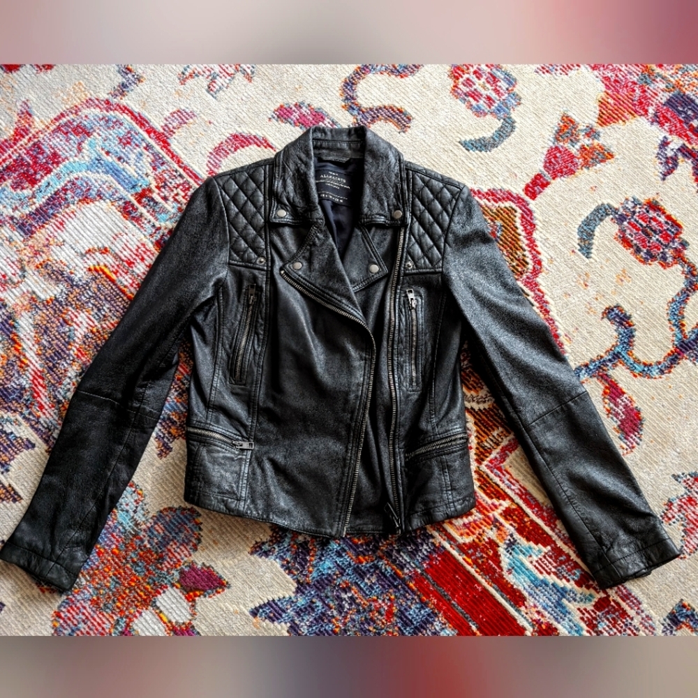 EUC All Saints Cargo Distressed Leather Biker Jacket